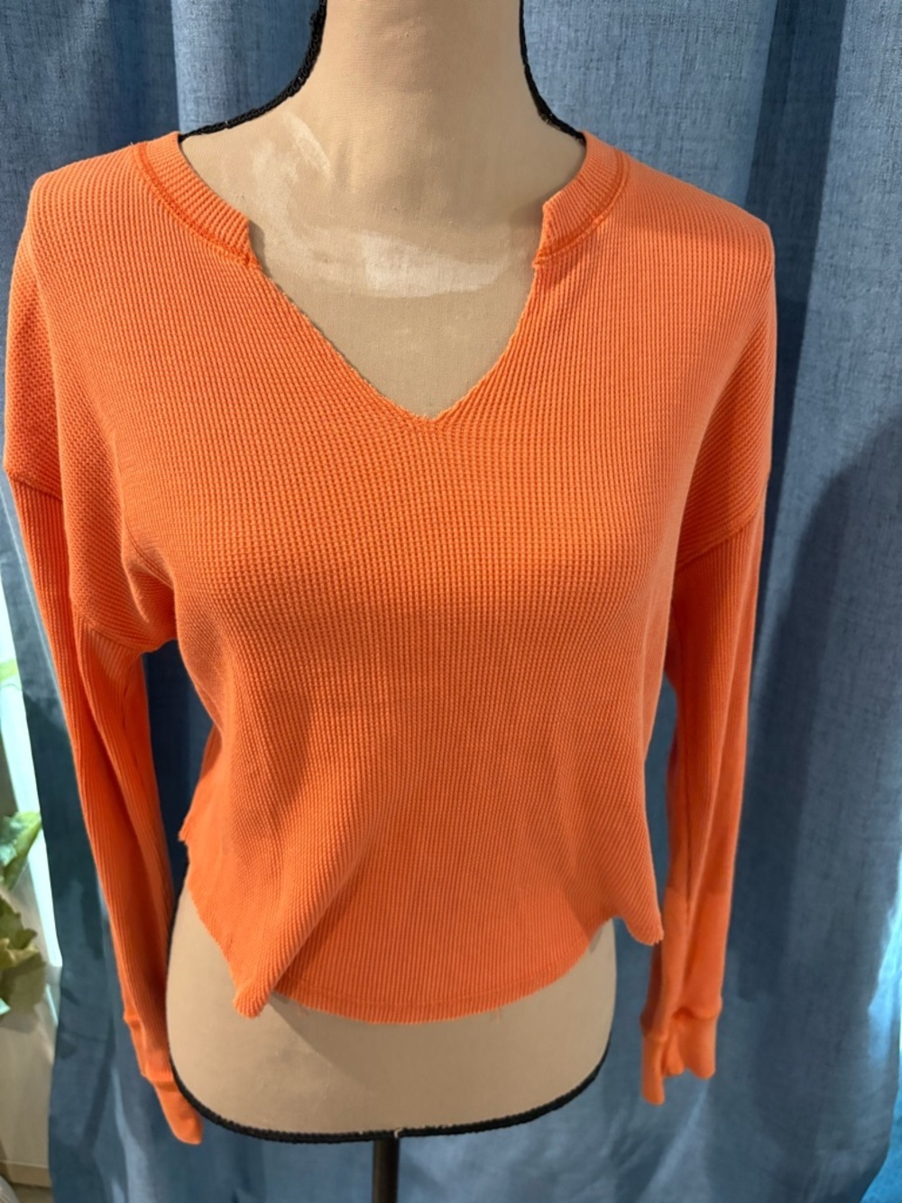 wild fable Orange Waffle-Knit V-Notch Long Sleeve Top